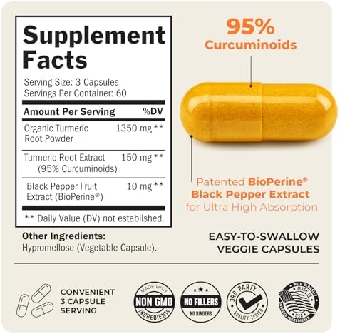 Turmeric Curcumin with Black Pepper Extract 1500mg - High Absorption Ultra Potent Turmeric Supplement with 95% Curcuminoids and BioPerine - Non GMO Tumeric Capsules for Joint Support - 180 Capsules