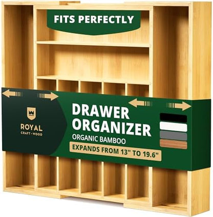 ROYAL CRAFT WOOD Luxury Bamboo Kitchen Drawer Organizer - Silverware Organizer, Utensil Holder & Cutlery Tray Drawer Dividers for Flatware (9 Slot, Natural)