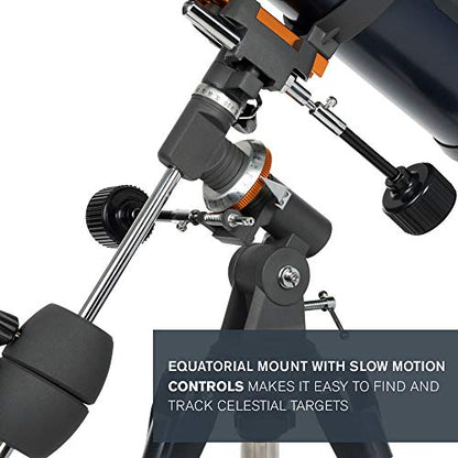 Celestron – AstroMaster 114EQ Newtonian Telescope – Manual Reflector for Beginners – Aluminized Mirror – Adjustable-Height Tripod – Includes Accessories Plus Astronomy Software Package