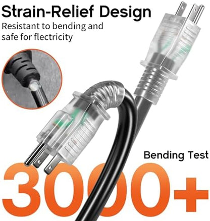 12/3 50 FT Heavy Duty Outdoor Extension Cord Waterproof with Lighted End,Black 12 Gauge Extension Cord Flexible and Cold Resistant 3 Prong Grounded Plug,15Amp 1875W SJTW ETL Listed