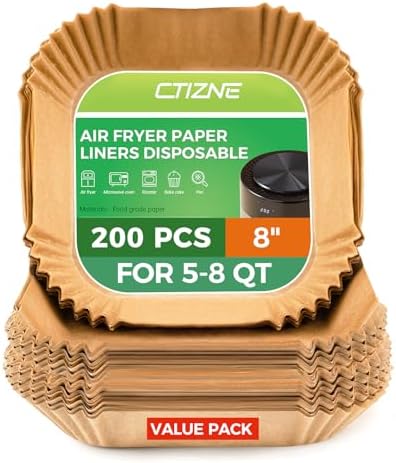 Ctizne Air Fryer Liners Disposable: 200PCS 8 Inch Square Parchment Paper Liner, Non-stick Oilproof Baking Paper Sheets for 5-8 QT Airfryer Basket