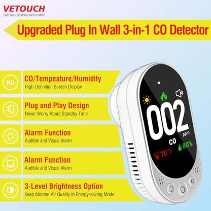 Carbon Monoxide Detector Plug in, Carbon Monoxide Detector Plug in Wall with Temp Humidity, Alarm Function with Clear LCD Display CO Detector for Home Kitchen RV Travel, 1 Pack