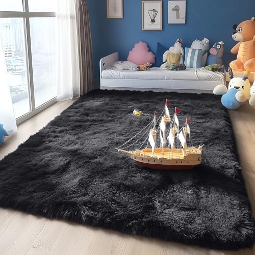 OLANLY Area Rugs for Living Room Bedroom, Machine Washable 4x5.9 ft Soft Fluffy Shaggy Bedside Rug, Indoor Floor Carpet for Kids Girls and Boys, Dorms, Nursery Rooms, Home Decor Aesthetic, Black