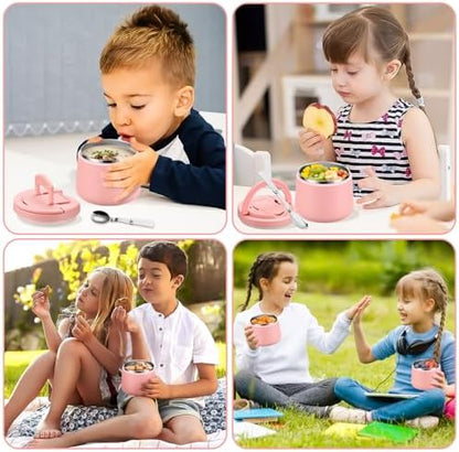 14oz Insulated Vacuum Food Jar with Buckle Lid,Soup Thermo for Hot Food Kids,Wide Mouth Leakproof Stainless Steel Lunch Container with Spoon-Pink