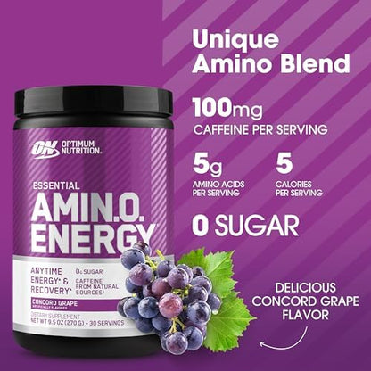 Optimum Nutrition Amino Energy - Pre Workout with Green Tea, BCAA, Amino Acids, Keto Friendly, Green Coffee Extract, Energy Powder - Concord Grape, 30 Servings