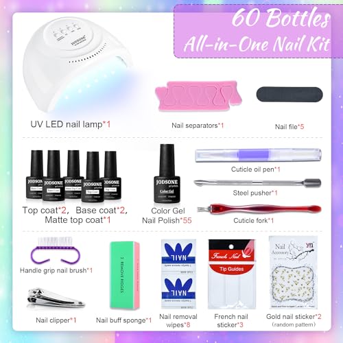 JODSONE 60 PCS Gel Nail Polish Starter Kit With U V Light 55 Kinds Of Color Glitter Gel Polish No Wipe Base And Glossy Matte Top Coat Easy To Apply
