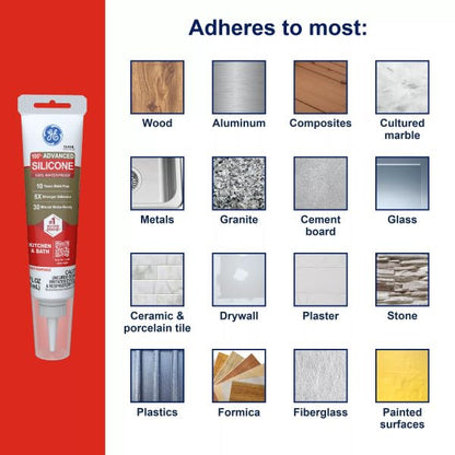 GE Advanced Silicone Caulk for Kitchen & Bathroom, Clear, 2.8 fl oz Tube, 12 Pack - 100% Waterproof Silicone Sealant, 5X Stronger Adhesion, Shrink & Crack Proof