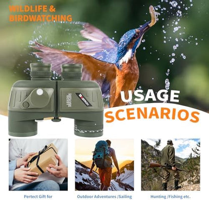 10X50 Marine Binoculars with Rangefinder Compass,Phone Adapter,Strap,BAK4 Lens,Shockproof Military Tacticle IPX7 Floating Waterproof Binocular for Adults Sailing Boating Hunting Birdwatching