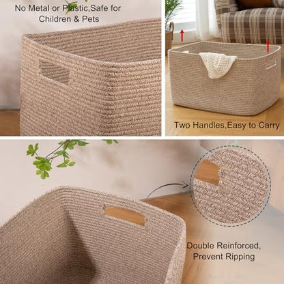 OIAHOMY 75L Large Blanket Basket, Woven Blanket Storage Basket with Handle, Cotton Rope Basket for Organizing 22”x17”x12”, Blanket Basket living Room, Toy Basket for Nursery, Brown variegated