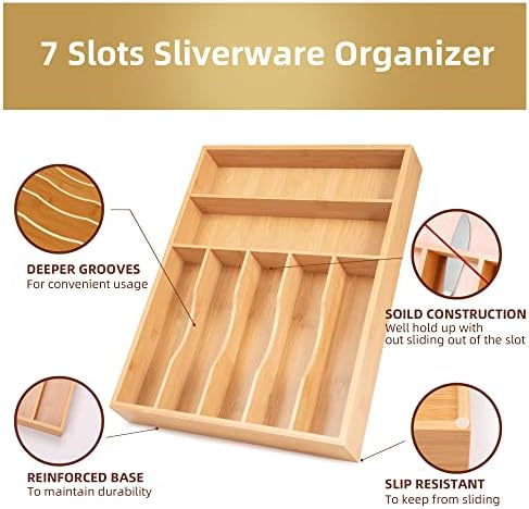 Silverware Organizer Kitchen Drawer Organizer Utensil Organizer Bamboo Silverware Holder Cutlery Organizer in Drawer Flatware Organizer Tray(7 slots, Natural