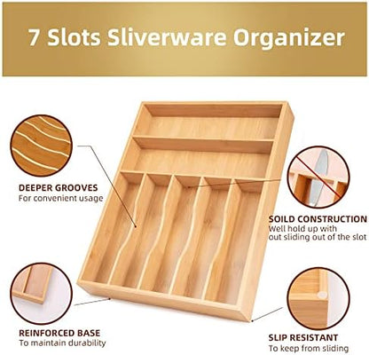 Silverware Organizer Kitchen Drawer Organizer Utensil Organizer Bamboo Silverware Holder Cutlery Organizer in Drawer Flatware Organizer Tray(7 slots, Natural