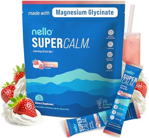 Supercalm Drink Mix - Ashwagandha KSM 66, Magnesium Glycinate & L-Theanine Supplement, Vitamin D3 - Ashwagandha Root Extract - Focus and Relaxation Support (20 Travel Packets) - Strawberries & Cream