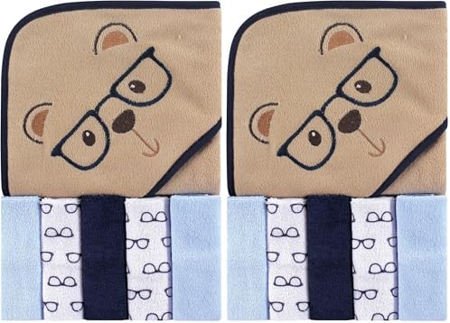 Luvable Friends Unisex Baby Hooded Towel with Five Washcloths, Smart Bear, One Size (Pack of 2)