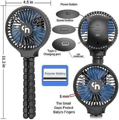 WiHoo Portable Stroller Fan, 11H Ultra-long Battery Life 3 Speed 360°Rotate, USB Rechargeable or Battery Operated Cooling Clip On for Baby Crib Travel Car Seat Black