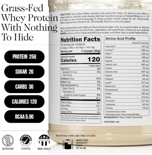 NAKED WHEY 5LB 100% Grass Fed Unflavored Whey Protein Powder - Only 1 Ingredient, Undenatured - No GMO, Soy or Gluten - No Preservatives - Promote Muscle Growth and Recovery - 76 Servings