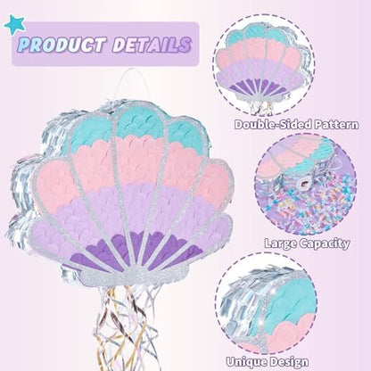 Wernnsai Mermaid Seashell Piñata - Pink Shellfish Pinatas for Kids Girls Birthday Mermaid Princess Party Decorations Under The Sea Ocean Theme Party Games With Bat Blindfold 16“ x 12.5" x 3"