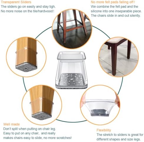 32 Pcs Square Chair Leg Floor Protectors - Silicone & Felt Furniture Pads for Hardwood Floors, Scratch-Resistant Noise-Reducing Chair Leg Caps, Fits Square Legs (1-1/16'' to 1-5/8'')