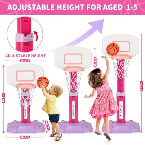 Toddler Basketball Hoop Indoor for Age 1-3, Adjustable Kids Basketball Hoop, Mini Basketball Hoops with 3 Balls for Outdoor Poolside, Birthday Christmas Sport Toys Gift for Baby Boy Girl 1 2 3 4, Pink