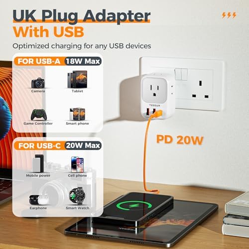 US to UK Plug Adapter, TESSAN UK Adapters for Travel, Foldable Plug with 4 Outlets 3 USB (PD 20W 1 USB C), Type G Power Adaptor for USA to Ireland Scotland England London Hongkong Dubai Irish