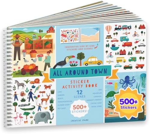 CUPKIN Sticker Book for Kids 2-4, 500+ Kids Stickers, All Around Town 12 Coloring Pages, 12 Side by Side Scenes, Fun Toddler Travel Activity Coloring and Sticker Books for Ages 4-8 + 8-10