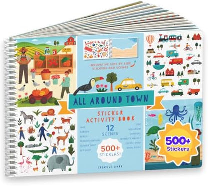 CUPKIN Sticker Book for Kids 2-4, 500+ Kids Stickers, All Around Town 12 Coloring Pages, 12 Side by Side Scenes, Fun Toddler Travel Activity Coloring and Sticker Books for Ages 4-8 + 8-10