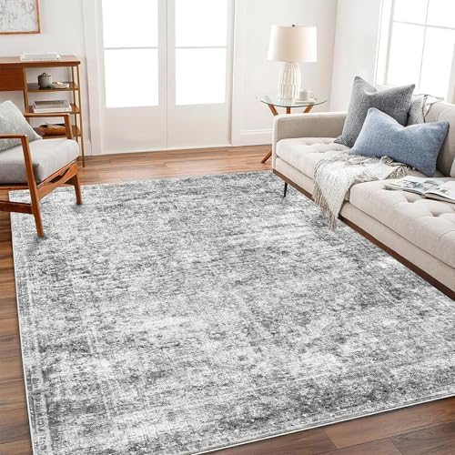 5x7 Washable Area Rug Gray Vintage Traditional Floor Cover Foldable Thin Kitchen Accent Indoor Distressed Non Slip Carpet Floral Print Mat Bedroom Living Room Bathroom