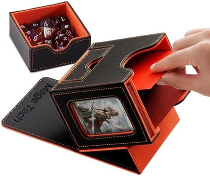 Card Deck Box for MTG Commander - Patented Design, Commander Display, Fits 100 Double-Sleeved Cards, 35pt Card Brick & Dice Tray - Grey/Orange