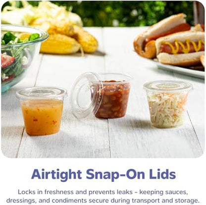 GUSTO [5.5 oz. - 100 Count Clear Disposable Plastic Portion Cups with Lids - Soufflé Cups, Jello Shot Cups With Lids, Plastic Containers Perfect for salad Dressing and More- Formerly Comfy Package