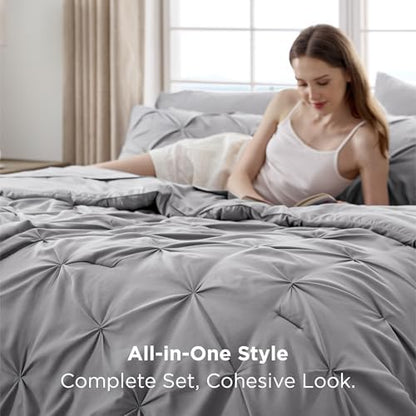 Bedsure Queen Comforter Set Grey - Bed in a Bag Queen Size 7 Pieces, GentleSoft™ Pintuck Bed Set Gift for Family, Pinch Pleat All Season Comforter with Sheets, Pillowcases & Shams