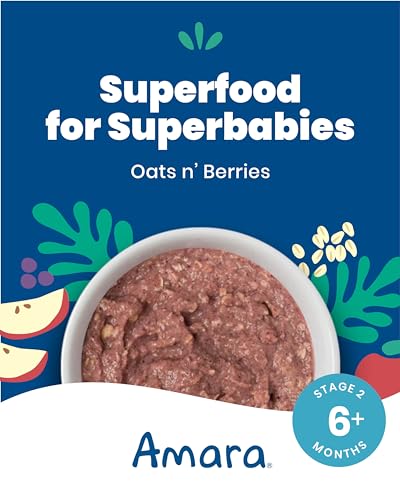 Amara Organic Baby Food | Oats and Berries | Baby Cereal to Mix With Breastmilk, Water, or Baby Formula | Baby Food Pouches, Made from Organic Fruit and Veggies | Stage 2 | 10 Pouches