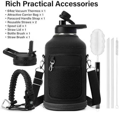 Insulated Water Bottle | Thickened Stainless Steel Vacuum Metal | Portable Sports Half Gallon Large Water Jug for Gym and Hiking with Straw, Carrier Bag, Handle Strap | BPA-Free 64 oz
