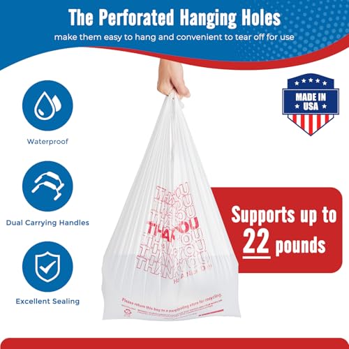 Fuxury 1000 Count Thank You Plastic Bags (12" x 6.5" x 21") White, T-shirt, Grocery, Take Out, To Go, Retail Shopping Bags in Bulk (Made in USA)