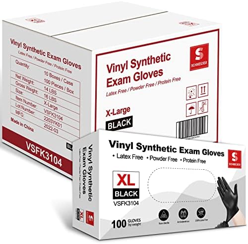 Schneider Vinyl Synthetic Exam Gloves, 4 Mil, Latex Free Disposable Gloves for Medical, Cooking, Cleaning, and Food Prep