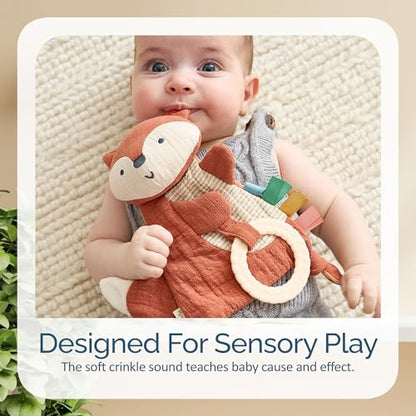 Itzy Ritzy - Bitzy Crinkle Sensory Toy Fox with Crinkle Sound for Babies & Toddlers - Features Soft Braided Teething Ring & Textured Ribbons, Designed for Ages 0 Months and Up, Fox