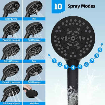 Hibbent All Metal High Pressure Rainfall 10 Inch Shower Head/Handheld Showerhead Combo/ 12 Inch Adjustable Curved Shower Extension Arm, 10-Spray, 71-inch Hose, Adhesive Showerhead Holder, Matte Black
