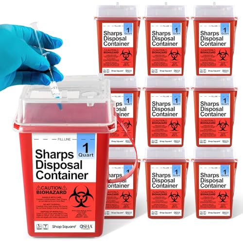 Sharps Containers for Home Use - 10 Pack, Needle Disposal, Sharps Disposal, Small Biohazard Containers - 1 Quart, Small Portable Container for Travel