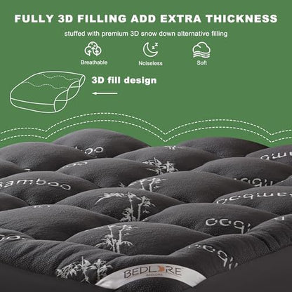 BEDLORE Queen Mattress Topper Viscose Derived from Bamboo, Thick Pillow Top Mattress Pad with Stretchable Pockets for 6-18 inches Mattress, Soft Mattress Topper for Back Pain Relief(Dark Gray)