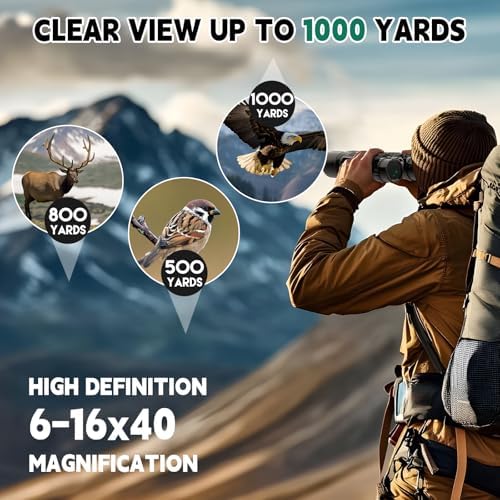 6-16x40 HD Zoom Binoculars for Adults, High Powered, Large View, BAK4 Prism, Waterproof, Clear Low Light Vision for Bird Watching,Hiking, Travel