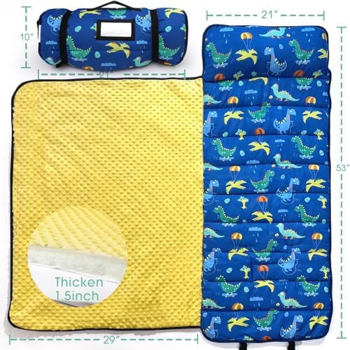 ACRABROS Toddler Nap Mat with Pillow and Blanket, Extra Large Rolled Napping Mats,Slumber Bags for Boys Girls,Kids Sleeping Bag for Daycare, Preschool Travel Camping, Dinosaur