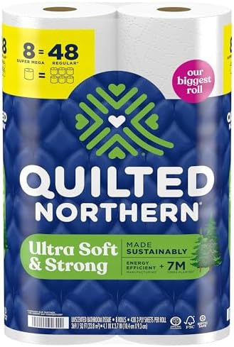 Quilted Northern Ultra Soft & Strong Toilet Paper, 8 Super Mega Rolls = 48 Regular Rolls, 5X Stronger*, Premium Soft Toilet Tissue