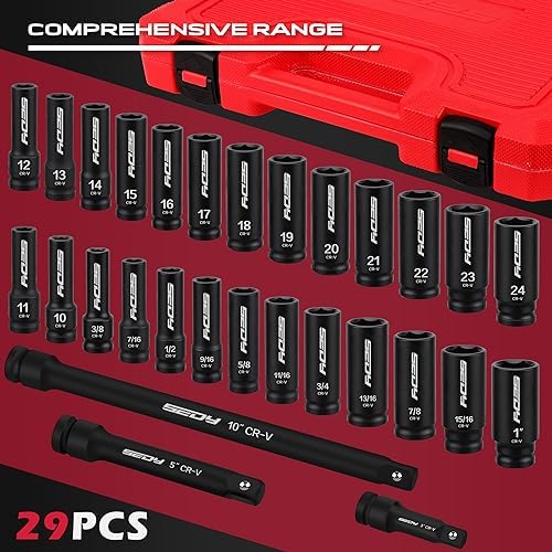 29-Piece 1/2" Drive Impact Socket Set, SAE (3/8 to 1 inch) and Metric (10-24mm) Sizes with Extension Bars Standard Deep Socket Set CR-V Material High Durability Impact Wrench