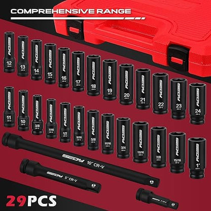 29-Piece 1/2" Drive Impact Socket Set, SAE (3/8 to 1 inch) and Metric (10-24mm) Sizes with Extension Bars Standard Deep Socket Set CR-V Material High Durability Impact Wrench