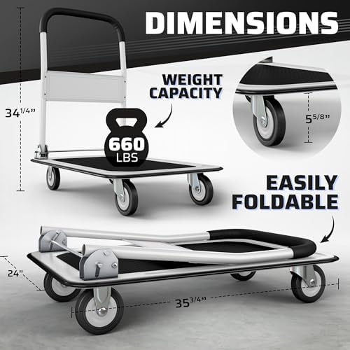 Upgraded Foldable Push Cart Dolly | 330 lbs. Capacity Moving Platform Hand Truck | Heavy Duty Space Saving Collapsible | Swivel Push Handle Flat Bed Wagon (White, 660 lbs. Capacity)