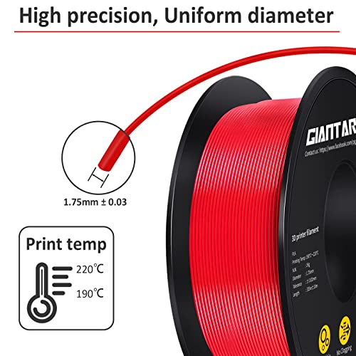 GIANTARM 3D Printer Filament, Red Pla Filament, 1Kg(2.2lbs) Spool, 1.75mm Dimension Accuracy +/- 0.03mm, 3D Printing Filament