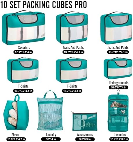 Veken 10 Set Packing Cubes for Kids & Toddler, Airplane Travel Essentials, Beach Vacation & Road Trip Suitcase Organizer Bags Set for Luggage, with Hanging Toiletry & Shoe Bag