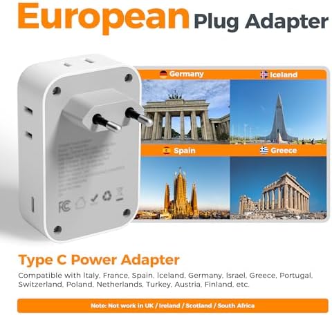 TESSAN European Travel Plug Adapter 2-Pack, US to EU Outlet Adaptor with 4 AC Outlets & 5 USB Ports (3 USB-C 28W), Type C Power Adapter for Italy France Germany Spain Greece Iceland