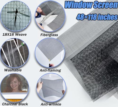 Window Screen Door Repair/Replacement Kit, King&Charles Include Black Screen Mesh 48"x118"+ 2 Roller+50Ft Spline+8Clips+Hook, 6 in 1 Window Mesh Kit, Steel/Nylon Bearing Roller