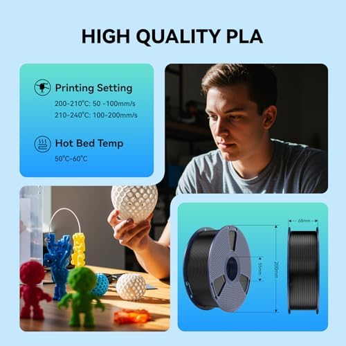 SUNLU Large Spool 3KG PLA Filament, 3D Printer Filament PLA 1.75mm, Less Stringing Good Layer Adhesion High Toughness, Big Roll Filament, 3kg Spool(6.6 lbs), Black