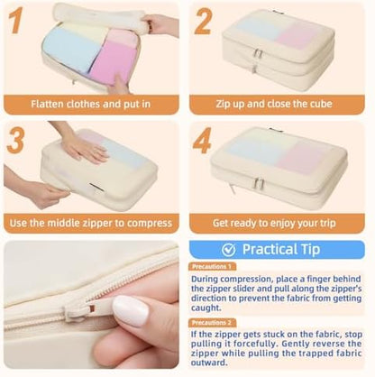 BAGAIL 4 Set/6 Set/8 Set Compression Packing Cubes Travel Accessories Expandable Packing Organizers (Square Mesh, 06-Beige)