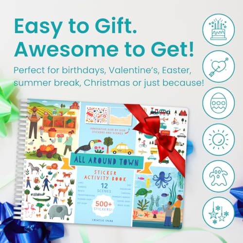 CUPKIN Sticker Book for Kids 2-4, 500+ Kids Stickers, All Around Town 12 Coloring Pages, 12 Side by Side Scenes, Fun Toddler Travel Activity Coloring and Sticker Books for Ages 4-8 + 8-10